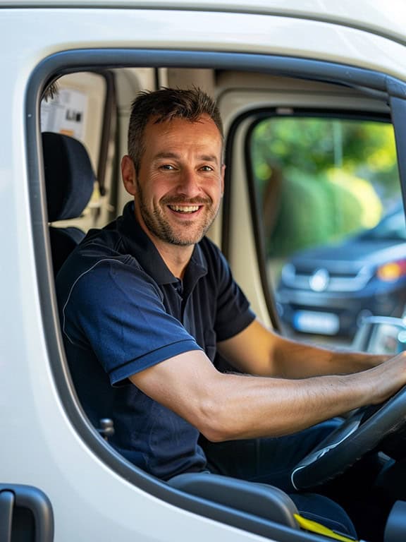man wearing blue polo smiling behind the wheel of a white van