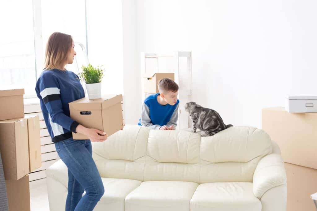 A mother, child and pet cat in their new home
