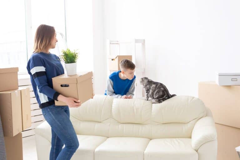 A mother, child and pet cat in their new home