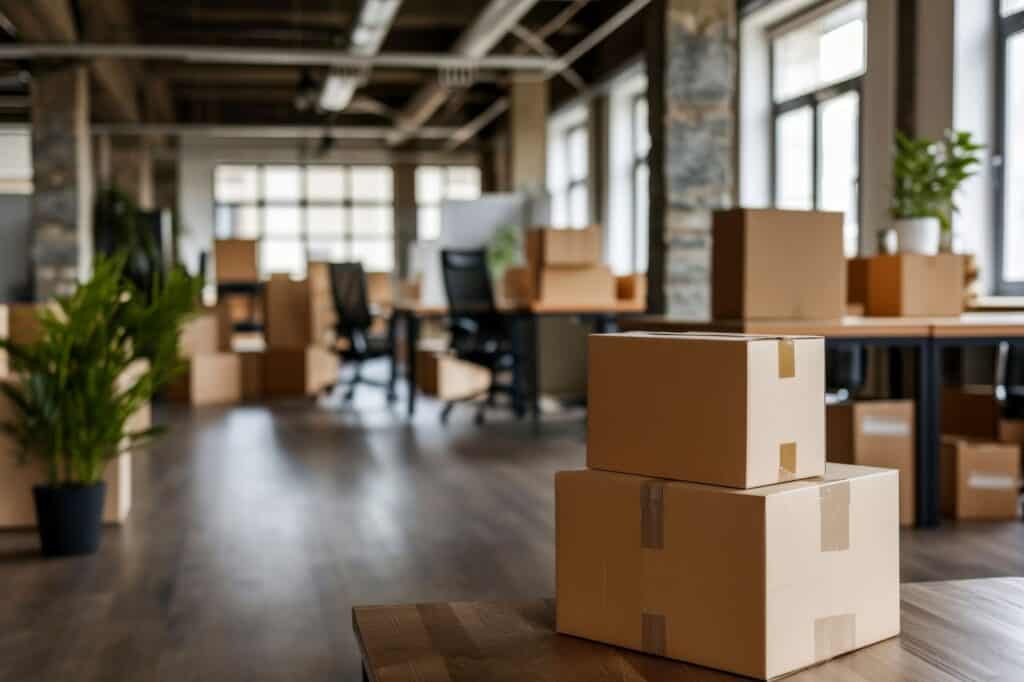 Cardboard boxes in the new office in the concept of office relocation
