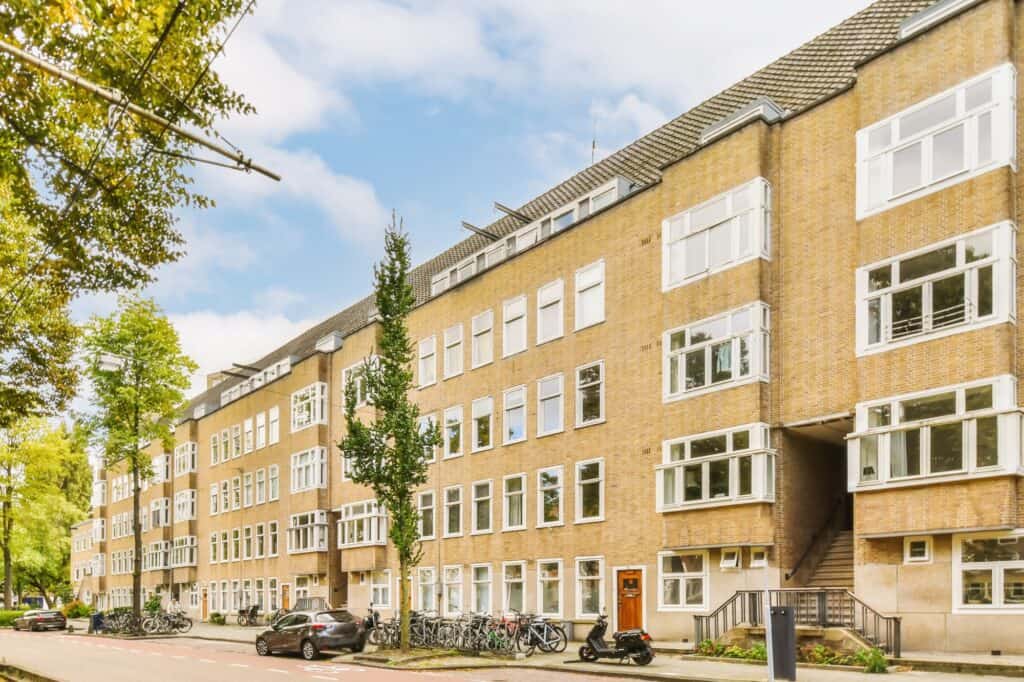 A row of brick residential building