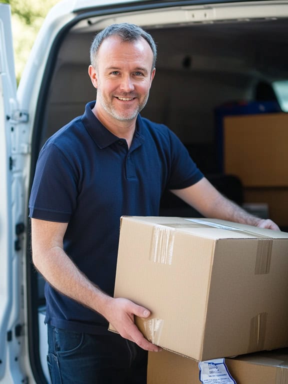 man wearing dark blue polo shirt smiling while holding a cardboard box