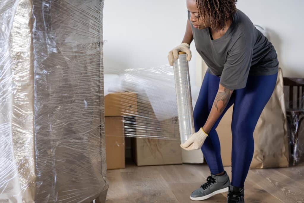 A woman wrapping furniture with plastic for protection during the move