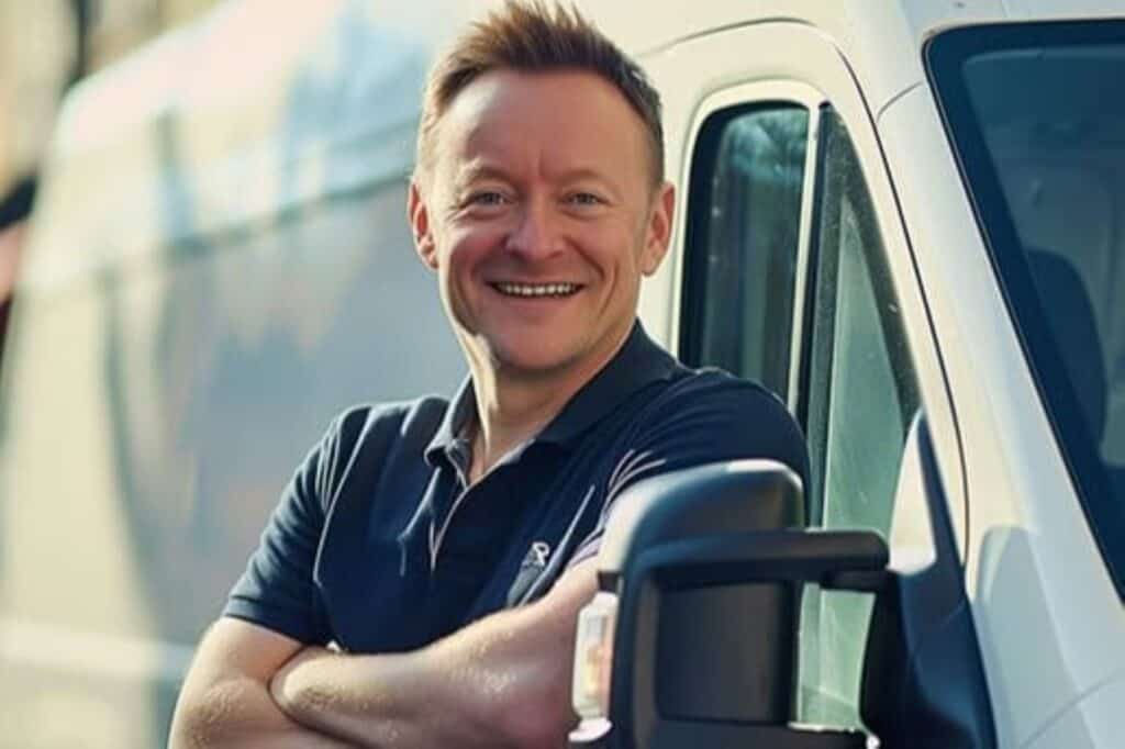 A Man and van crew standing beside the white van 