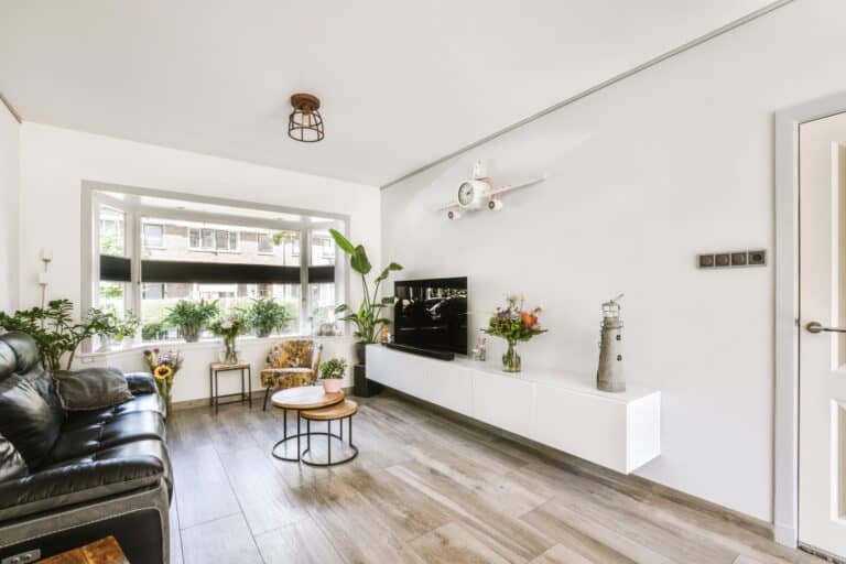 A minimalist, contemporary living room with indoor plants in the concept of 'how to pack and unpack for a home removal efficiently'.