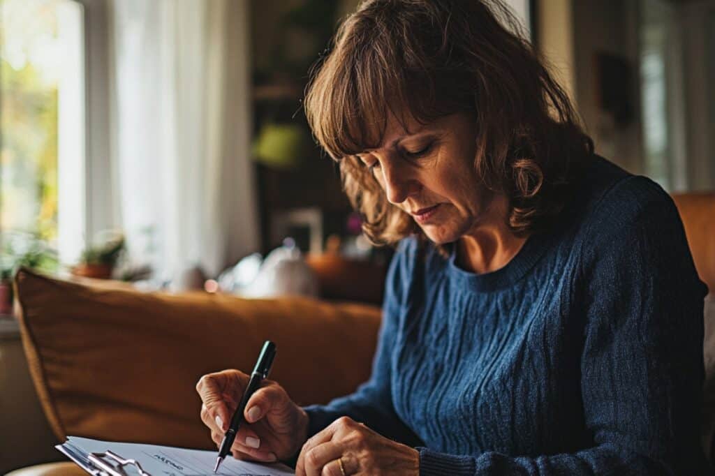 A British lady writing a moving checklist in the concept of 'How to Create a Moving Checklist'.
